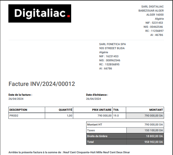Modèle Factures algérie Odoo